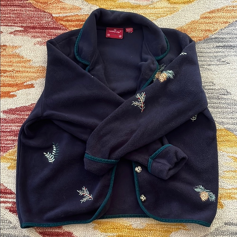 Embroidered Navy Button up Sweater with Pinecone Design